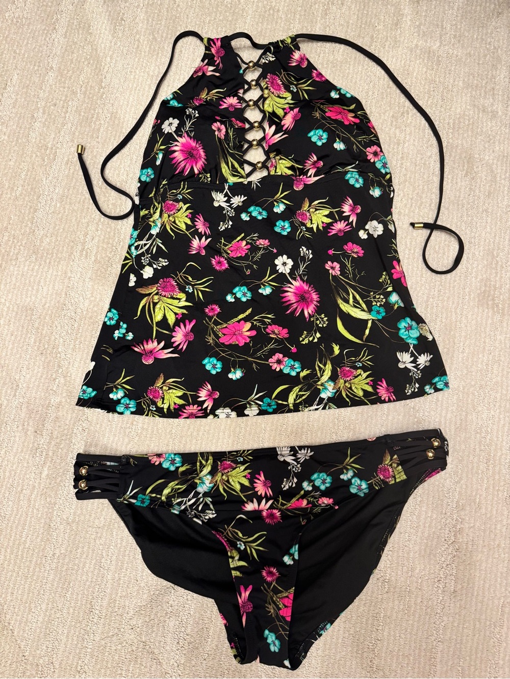 Gibson Latimer Floral Two-Piece Swim Set - Lace-Up Tankini Top & Bikini Bottom
